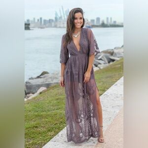 NWT Wishlist Midnight Dusty Lavender Gray Lace Boho Maxi Romper Dress S (A3)‎